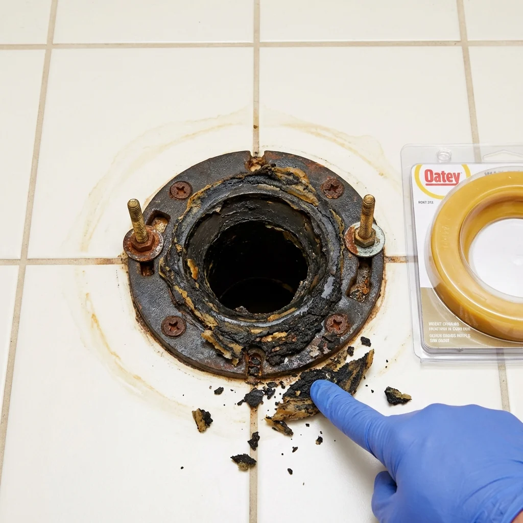 Failed wax ring showing water seepage at the base of a toilet in a Brigantine, NJ home